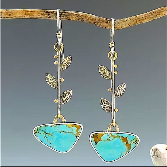 Vintage Turquoise Silver Boho Dangle Drop Earrings - Picture 3 of 4